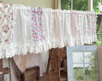 Pastel Floral Patchwork Ruffled Lace Valance, Victorian Cottage Cafe Curtain with Floral Embroidery and Lace Trim, Shabby Chic Lace Curtains