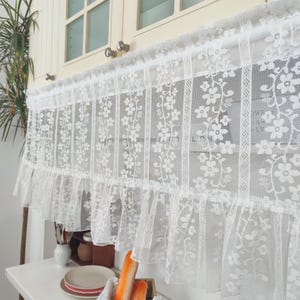 Cafe Curtains, Girls French Romantic White Flower Garden Vines Jacquard Hollow Lace Sheer Curtains, Farmhouse Valance Lace Floral Curtains