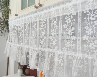 Cafe Curtains, Girls French Romantic White Flower Garden Vines Jacquard Hollow Lace Sheer Curtains, Farmhouse Valance Lace Floral Curtains
