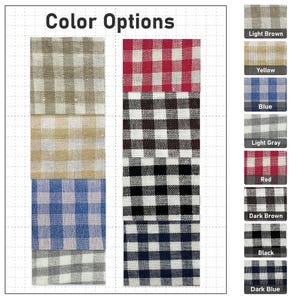 K&ouml;nnte beinhalten: Bild mit Stofffarboptionen. Links sind hellbraune, gelbe und blaue Karomuster zu sehen. Rechts sind rot, dunkelbraun, schwarz und dunkelblau karierte Muster zu sehen. Der Text "Color Options" steht oben.