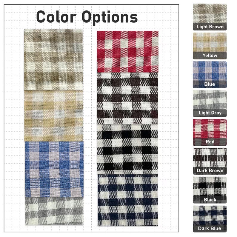 K&ouml;nnte beinhalten: Bild mit Stofffarboptionen. Links sind hellbraune, gelbe und blaue Karomuster zu sehen. Rechts sind rot, dunkelbraun, schwarz und dunkelblau karierte Muster zu sehen. Der Text "Color Options" steht oben.