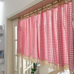 Green Gingham Crochet Cafe Curtains Valances with Lace, Farmhouse Country Kitchen Short Curtain, Cotton Linen Curtain, Custom Curtains Sizes image 7