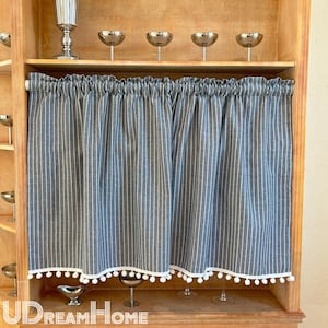 Boho Gray Stripe Cafe Curtain, Custom Size Short Linen Curtain, Small Window Curtain For Kitchen, French Cafe Style Curtain with Pompom