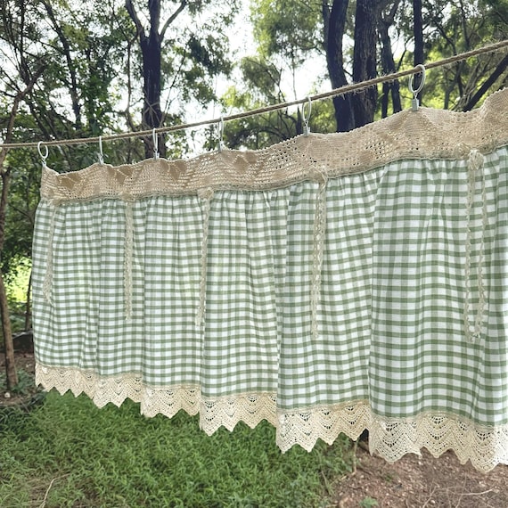 Green Gingham Crochet Cafe Curtains Valances with Lace, Farmhouse Country Kitchen Short Curtain, Cotton Linen Curtain, Custom Curtains Sizes