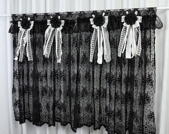 Gothic Boho Black Lace Curtain Valance, Ruffled Lace Curtain Valance, Farmhouse Countryside Kitchen Curtain, Bedroom Curtain, Custom Size