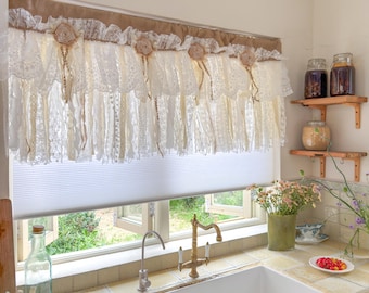 Custom Rustic Unique Burlap Beige ivory Lace Bedroom Window Valance, Burlap Kitchen Swag Curtain, Shabby Chic Cafe Curtains, H-25in(63cm)
