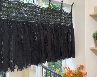 Black Lace Curtain Valance,Gothic Boho Tie Top Window Privacy,Cafe Curtain,Farmhouse Country Kitchen Curtains,Custom Sizes,H-25inch (63cm)