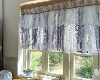 Custom Rustic Unique Burlap White Curtain, Gray Lace Valance Bedroom Valance, Kitchen Swag, Shabby Chic Cafe Curtains Panel, H-25inch (63cm)