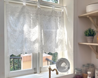 Cortina de cocina de encaje vintage, estilo shabby chic francés, blanca, bordada, corta, ideal para casas de campo o cafeterías, altura: 65 cm (25 pulgadas).