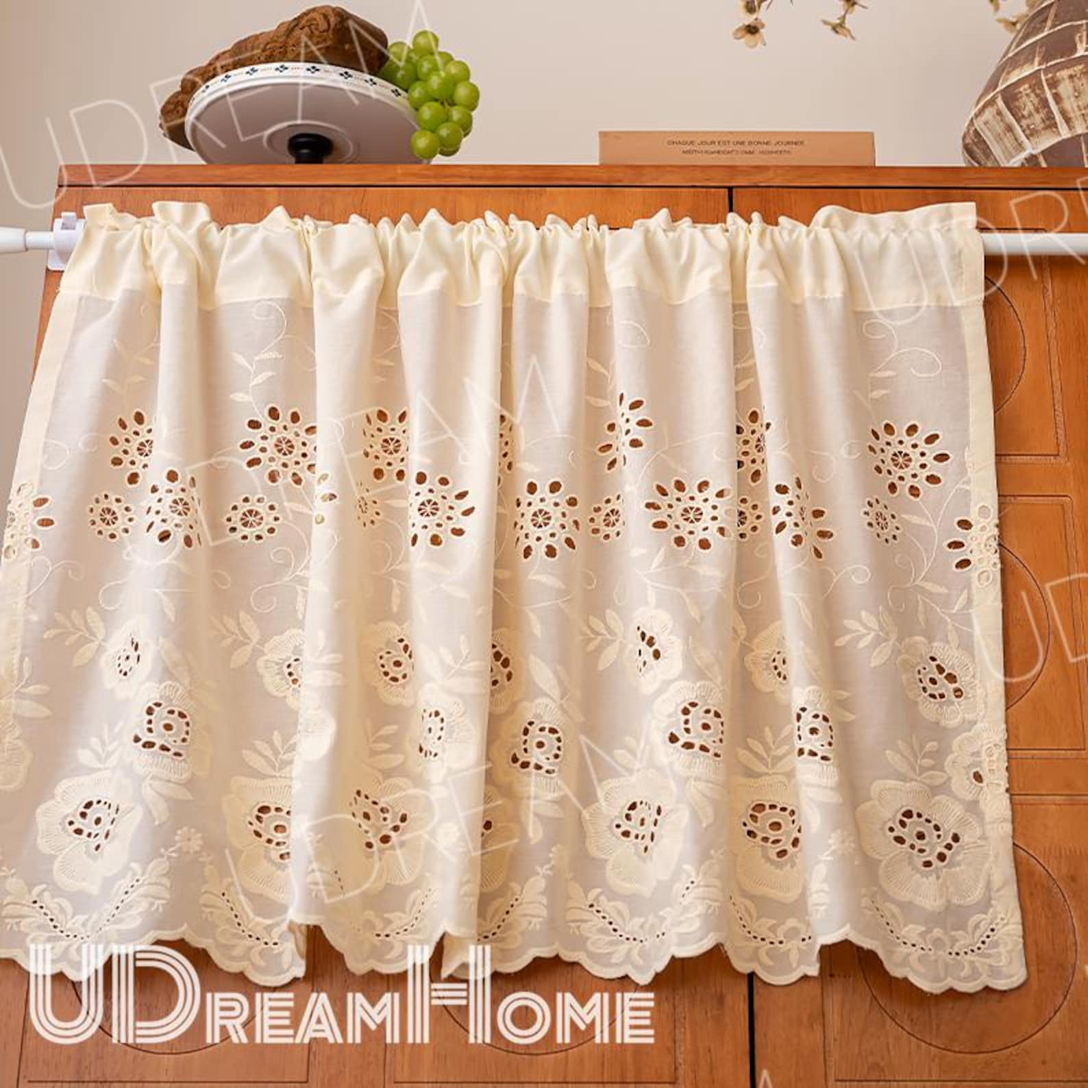 Vintage French Embroidery Cafe Curtain: Beige Floral Lace, Farmhouse