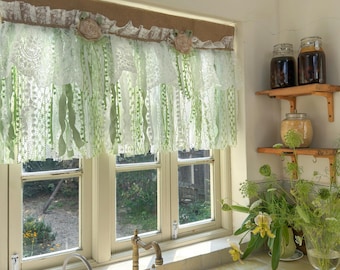 Aangepaste rustieke unieke jute wit groen kant slaapkamer volant, raam keuken swag gordijnen, shabby chic café gordijn, h-25 inch (63 cm)