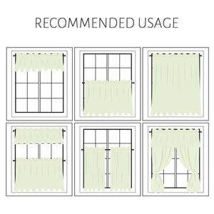 K&ouml;nnte beinhalten: Diagramm mit sechs verschiedenen M&ouml;glichkeiten, Vorh&auml;nge aufzuh&auml;ngen. Die Vorh&auml;nge sind hellcremefarben und werden in verschiedenen Fensterkonfigurationen gezeigt. Der Text oben lautet "RECOMMENDED USAGE".
