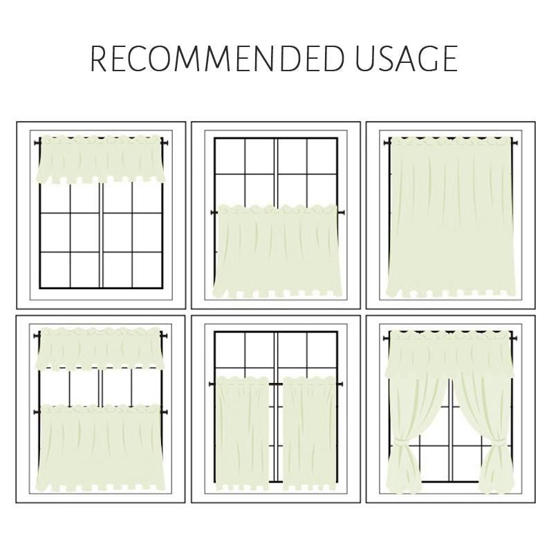K&ouml;nnte beinhalten: Diagramm mit sechs verschiedenen M&ouml;glichkeiten, Vorh&auml;nge aufzuh&auml;ngen. Die Vorh&auml;nge sind hellcremefarben und werden in verschiedenen Fensterkonfigurationen gezeigt. Der Text oben lautet "RECOMMENDED USAGE".