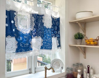 Shabby Chic Tie-dye Blue White Patchwork Lace Curtain Handmade with Mixed Crochet Pattern & Ruffled, Boho Hippie Curtains, H-27in(70cm)