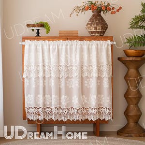 White Double Layer Hollow Flower Half Curtains, French Country Style Lace Cafe Curtains, Kitchen Curtain Doorway Privacy Curtain