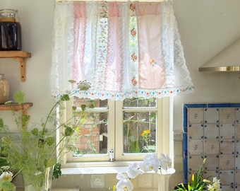 Handmade Floral Lace Curtain Valance, Shabby Chic Pink Blue Cottage Rustic Farmhouse Backdrop, Elegant Colorful Fabric Lace Curtains
