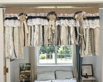 Rustikaler Einzigartiger Burlap Beige Schwarzer Spitzenvorhang, Burlap Bauernhaus Küchen Swag Fenster Vorhang, Schäbiger Burlap Spitzenvorhang, Sondergrößen