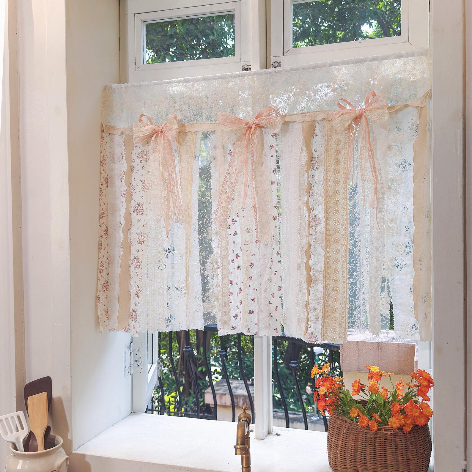 Mediterranean Floral Fabric Patchwork Lace Pink Rosette Fringed, Wall ...
