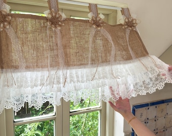 Cortina de renda rústica estilo casa de campo com laços de juta, cortina superior estilo shabby chic para janela, cortina superior branca com babados e abas, altura de 55 cm (22 polegadas)