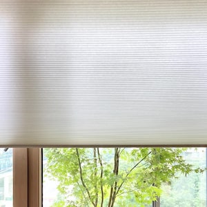 May include: White cellular shade with a window view of green trees and foliage.