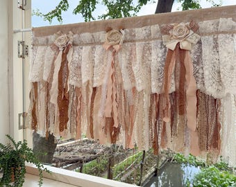 Rustikaler Einzigartiger Vorhang Beige Brauner Spitze Schlafzimmer Volant, Bauernhaus Landhaus Küchenvorhang, Shabby Chic Cafe Vorhang, H 63 cm