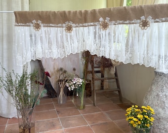 Cortina de encaje blanco estilo shabby chic, cenefa de ventana de tul bordado con arpillera estilo casa de campo, cenefa de cocina estilo granja, cortina de café, altura: 55 cm (22 pulgadas).