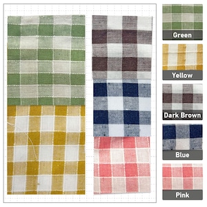 May include: Fabric swatches in a gingham check pattern, displayed in shades of green, yellow, dark brown, blue, and pink. The image presents a selection of fabric samples, highlighting the different colour variations of the checked design.