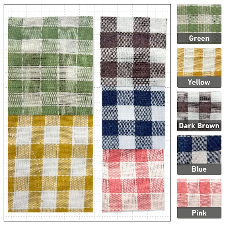 May include: Fabric swatches in a gingham check pattern, displayed in shades of green, yellow, dark brown, blue, and pink. The image presents a selection of fabric samples, highlighting the different colour variations of the checked design.