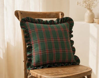 Gingham Cotton Linen Ruffle Pillow Cover, Custom-Sized All-Sided Ruffled Cotton Pillow Cover Shabby Chic Pillow Shams, Room Decor