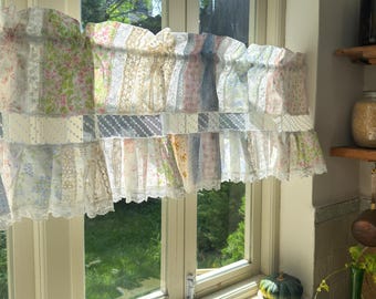Vintage Floral Patchwork Ruffled Lace Valance,Victorian Cottage Cafe Curtain with Floral Embroidery and Lace Trim, Shabby Chic Lace Curtains