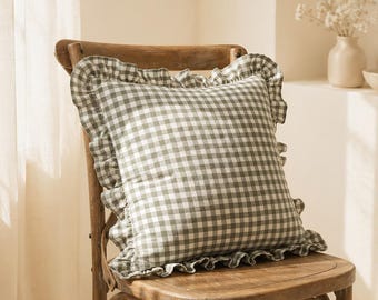 Gingham Washed Cotton Ruffle Pillow Cover, Custom-Sized All-Sided Ruffled Cotton Pillow Cover Shabby Chic Pillow Shams, Bedding Decor