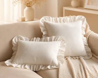 Natural Color Ruffle Jacquard Pillow Cover, Breathable Pillow Cover Soft Ruffled Case with Zipper Closure, Farmhouse Cottagecore Decor