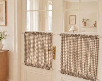Cortinas xadrez vichy marrom claro para portas, painel personalizado em algodão e linho para portas francesas, cortina para janela de cozinha estilo fazenda (painel único)