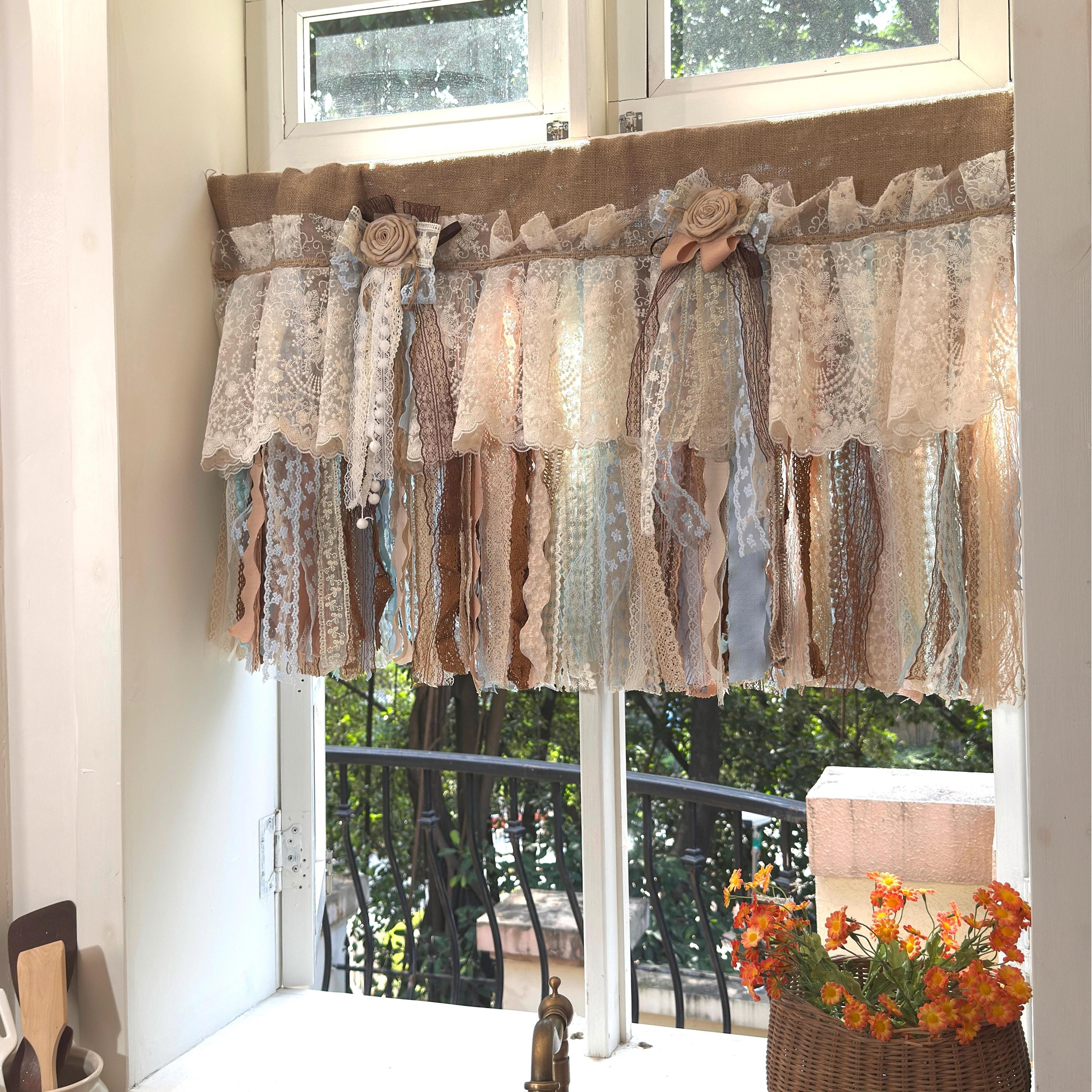 Custom Rustic Unique Burlap Beige Brown Blue Lace Valance