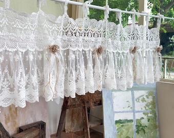 Victorian Elegance White Ruffled Soft Lace Window Valance,Romantic French Country Embroidered Short Curtain, Tie Top Curtain,H-14inch (36cm)