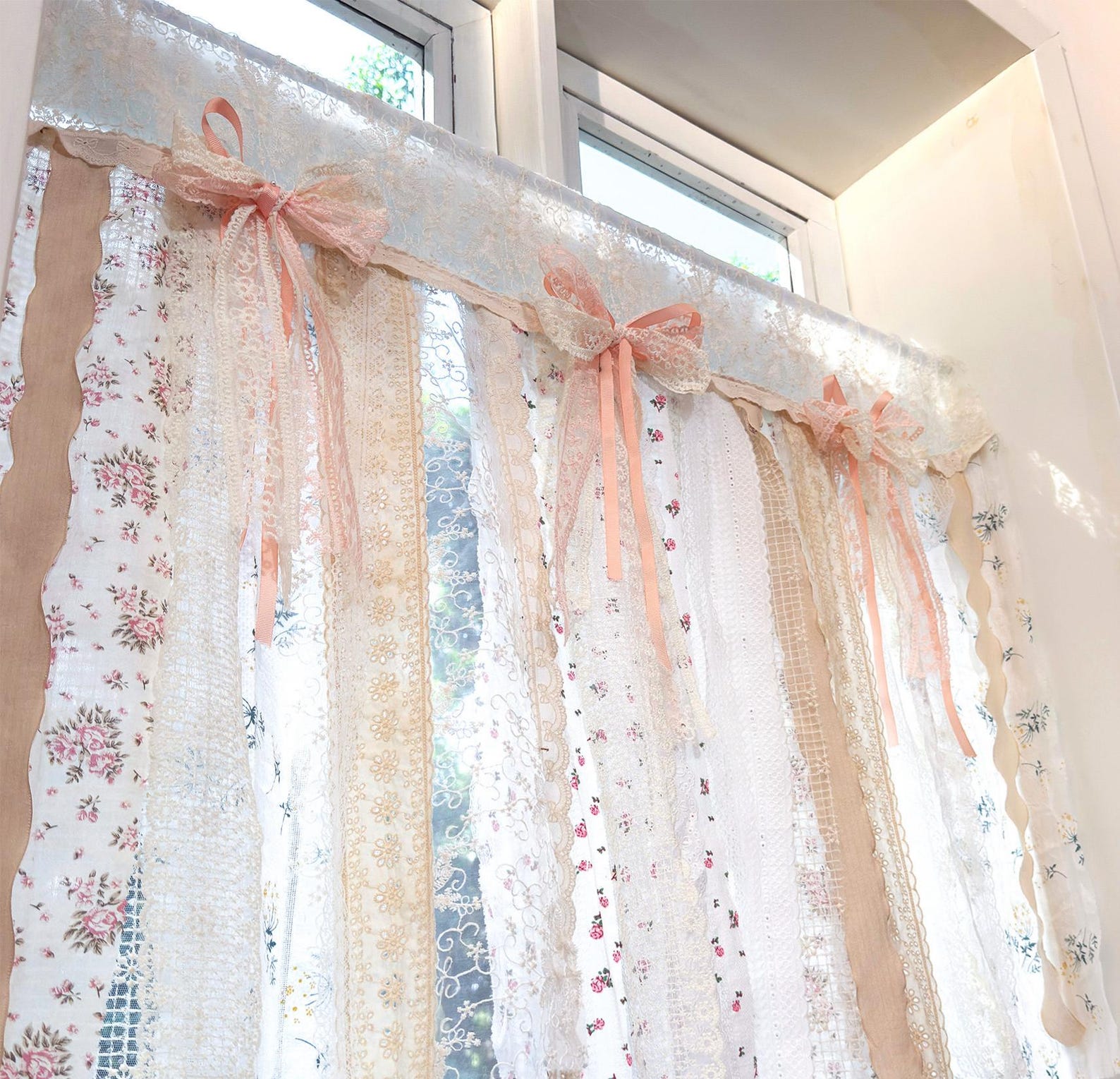 Mediterranean Floral Fabric Patchwork Lace Pink Rosette Fringed, Wall ...