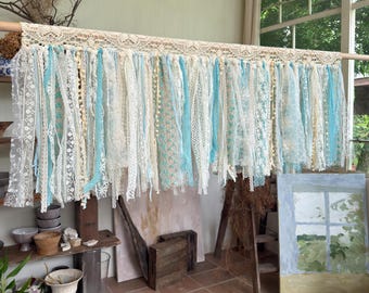 Sage Blue Green Tones Shabby Chic Lace Window Valance, Cottage Core Kitchen Cafe Curtain, Crochet Lace Half Curtains, Wedding Backdrop