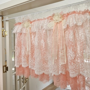 Custom Pink & White Lace Curtains, French Style Embroidery Flowers Valance, Shabby Chic Boho Window Curtains Valance, Cafe Kitchen Curtains