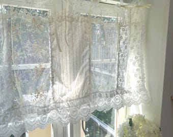 Romantic White Ivory Begie Patchwork Flowers Lace Curtain, Shabby French Style Valance, Farmhouse Kitchen and Cafe Curtains, H-26in (65cm)