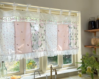 Handmade Floral Lace Curtain Valance, Shabby Chic Pink Cottage Rustic Farmhouse Backdrop, Beautiful Elegant Colorful Fabric Lace Curtains