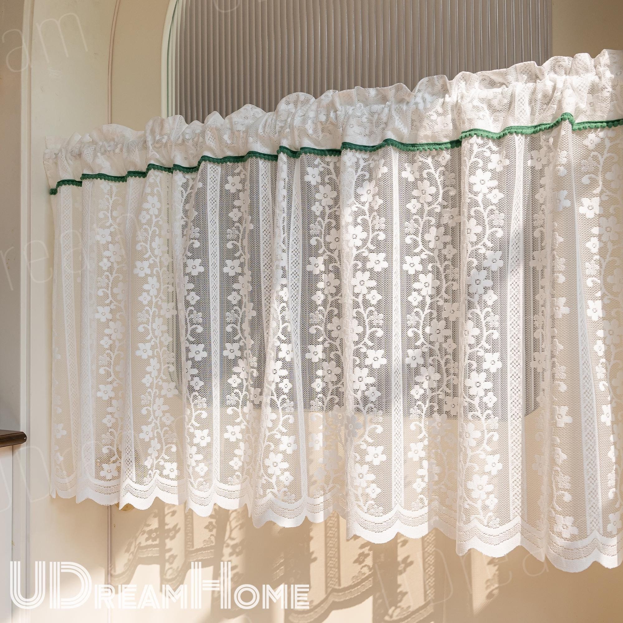 A.Monamour Rideau de Cuisine Court pour Petit Fenêtre Voilage Broderie Florale Tulle Voile Transparent Blanc Rideau Brise-bise Rideaux à étages Rideaux à Disques Panneaux Demi Rideau Bistro Café