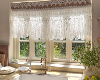 Cortina de renda estilo shabby chic francês, cortina de juta personalizada para janela de cozinha, cortina com babados estilo casa de campo vitoriana, altura de 63 cm (25 polegadas)