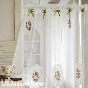 French Embroidery Rose Curtain, Rustic Country Short Curtain, Light Filtering Kitchen Curtain, Half Curtain for Coffee Shops, Bathroom, Room