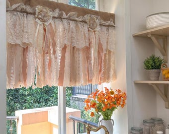 Custom Rustic Burlap Beige Brown Lace Bedroom Valance, Farmhouse Country Kitchen Curtains, Cafe Curtains, Window Treatments, H-25inch (63cm)