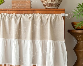 Cortina de café de algodón y lino con volantes: cenefa para ventana de estilo rústico