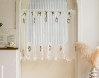 Tenda Da Cucina Boho In Misto Cotone – Corta 175x45 Cm, Con Ricamo Effetto Uncinetto, Semitrasparente, Beige, Stile Rustico