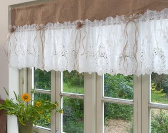 Cortinas rústicas vintage para janelas de casa de campo, cortina de juta branca com renda, estilo fazenda, para cozinha, café, decoração de janelas, altura de 50 cm (20 polegadas).