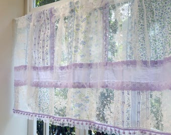 Handmade Blue & Purple Patchwork Lace Curtain Valance,Elegant French Country Cottage Embroidery Flowers Fabric,Kitchen Curtain,H-25in (65cm)