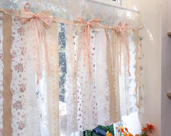 Mediterranean Floral Fabric Patchwork Lace Pink Rosette Fringed, Wall Beautiful Hanging, Embroidery Floral Patchwork Curtain, H-27in (70cm)