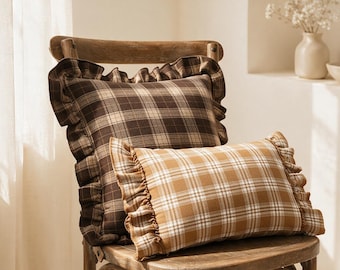 Vintage Gingham Cotton Ruffle Pillow Cover,All-Sided Ruffled Cotton Pillow Cover Shabby Chic Pillow Shams,Cushion Cover,Farmhouse Pillowcase